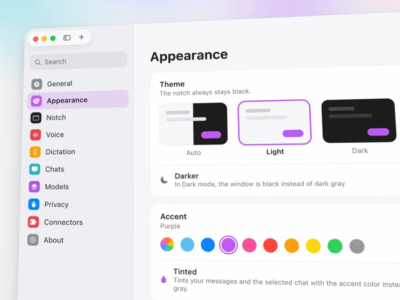 Outmake's Appearance settings on macOS: Auto, Light and Dark themes, a Darker option, and a row of accent colours with purple chosen.