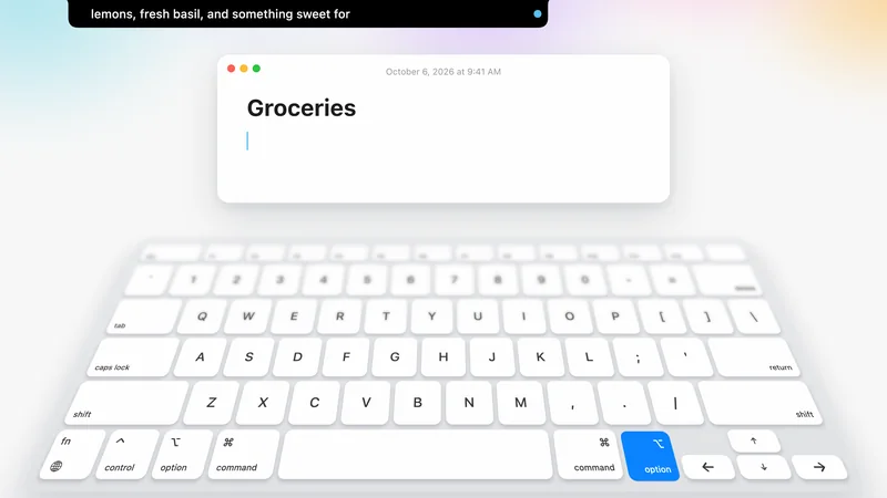Dictation in Outmake: with the right Option key held, spoken words appear in the notch and are typed into a Notes window titled Groceries.