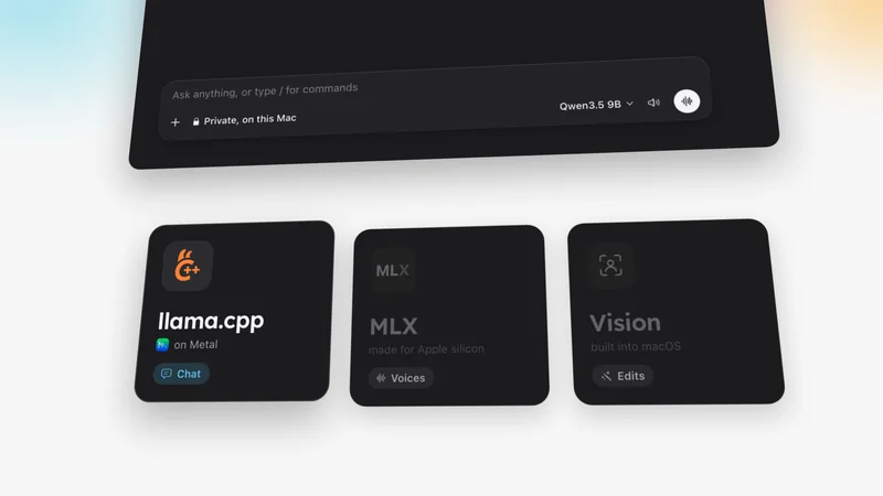Outmake in dark mode with three cards below the chat window: llama.cpp, MLX and Vision.