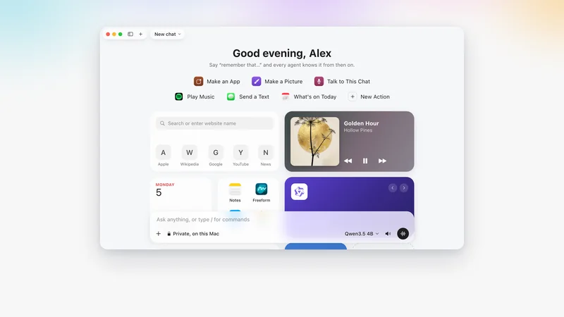 Outmake's Home page on a Mac: a greeting, shortcuts such as Make a Picture and Talk to This Chat, widgets, and the chat field set to a model on this Mac.