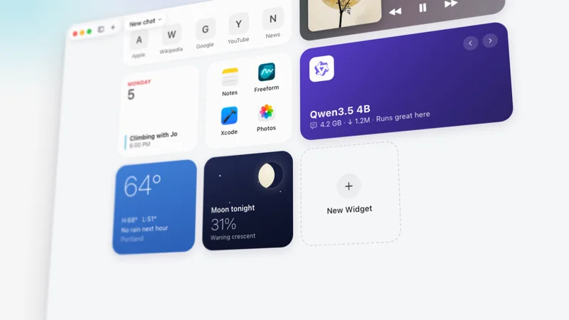 Outmake's Home widgets seen at an angle: a calendar, apps, a model card, the weather, the moon and New Widget.