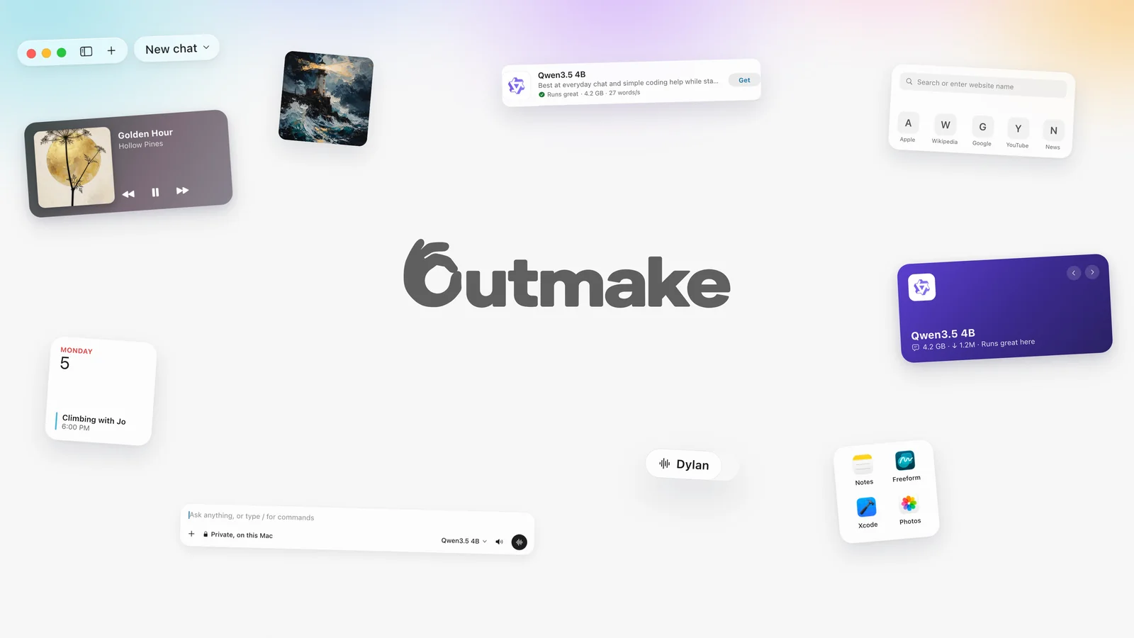 The Outmake wordmark with pieces of the app around it: a now-playing widget, a model card for Qwen3.5 4B, a calendar, apps and the chat field.