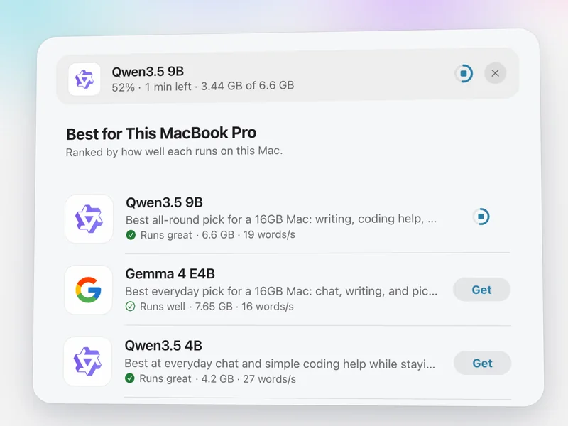 Qwen3.5 9B downloading in Outmake on a MacBook Pro: a strip above the store reads 52%, 1 min left, 3.44 GB of 6.6 GB, and its Get button has turned into a progress ring.