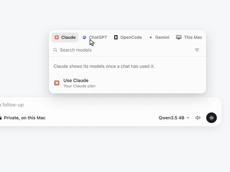 Outmake's model picker with tabs for Claude, ChatGPT, OpenCode, Gemini and This Mac, and a row that says Use Claude, Your Claude plan.