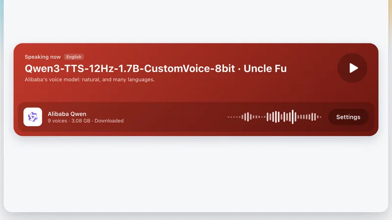 A Speaking now card in Outmake for the Qwen3-TTS voice Uncle Fu, with a waveform and a play button.