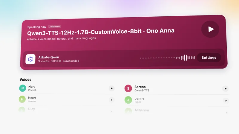 Outmake's Voices page: a Qwen3-TTS voice speaking Japanese on this Mac, above a list of other voices to try.