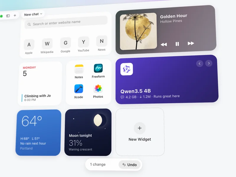 Home in Outmake after an agent added a Moon tonight widget beside the weather, with a bar that says 1 change and an Undo button.
